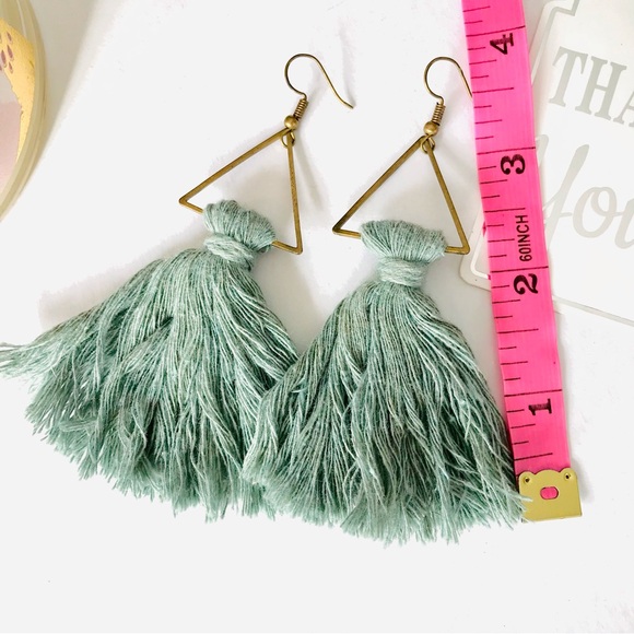 Sage Green Blue Tassel Earrings - Picture 5 of 6